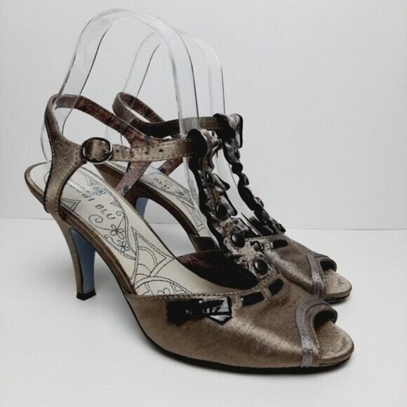 BOBBI BLU Edith Satin Peep Toe Gem T-strap Slingbacks High Heel Shoes Gray Sz 8 - Picture 2 of 11